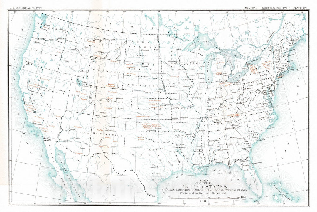 Historic Map : 1911 Map of the United States showing the mills using local gypsum in 1910 : Vintage Wall Art