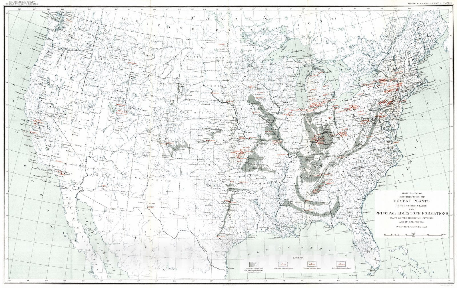 Historic Map : 1911 Map showing distribution of cement plants in the United States and principal limestone formations : Vintage Wall Art