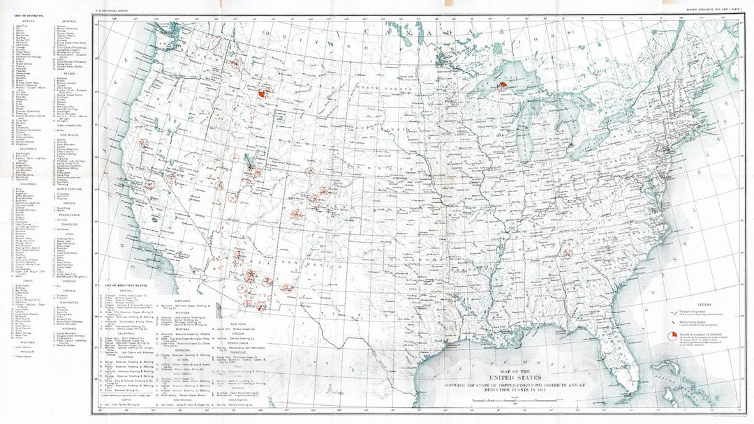 Historic Map : 1916 Map of the United States showing locations of copper producing districts and of reduction plants in 1915  : Vintage Wall Art