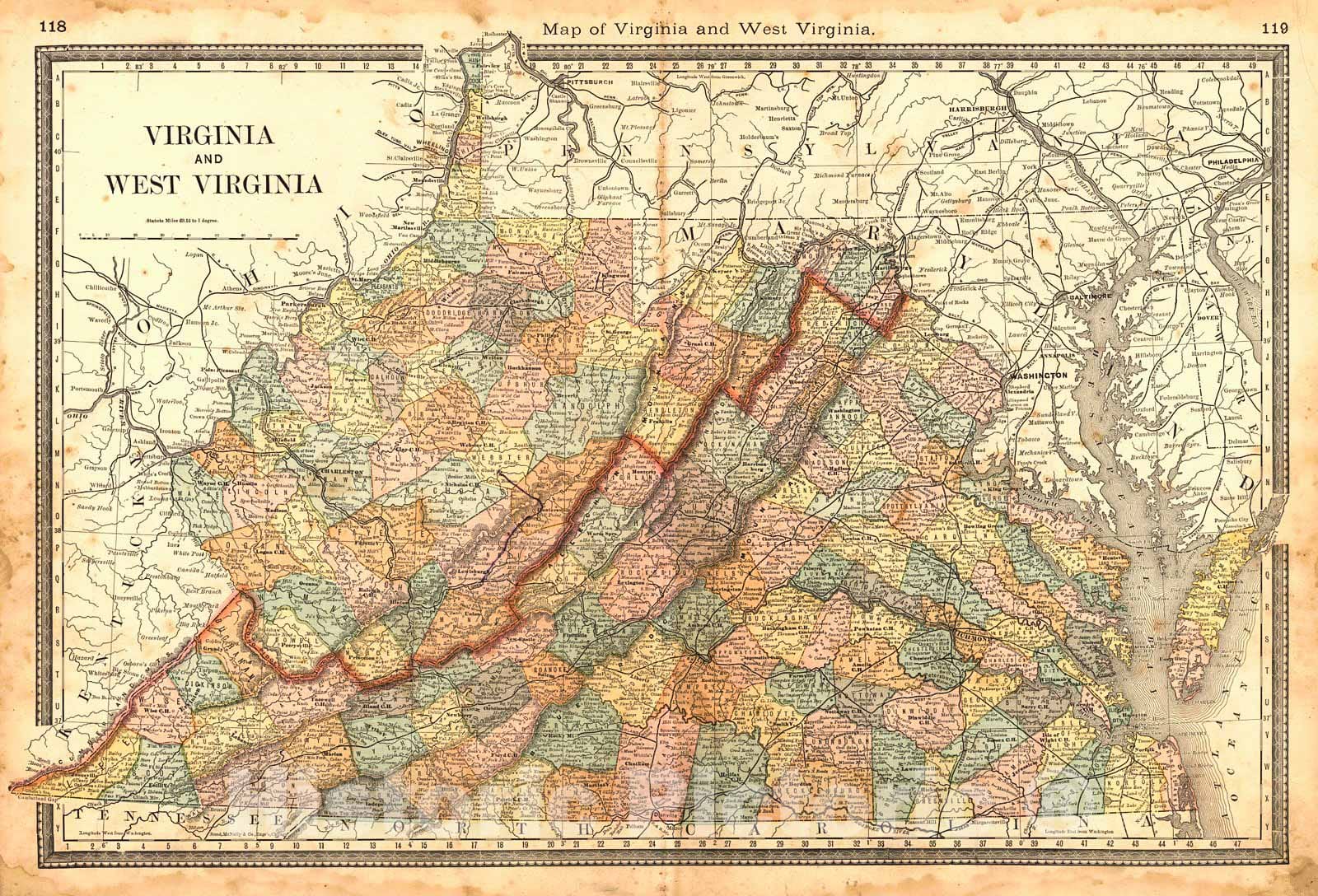 Historic Map : 1883 Map of Virginia and West Virginia : Vintage Wall Art