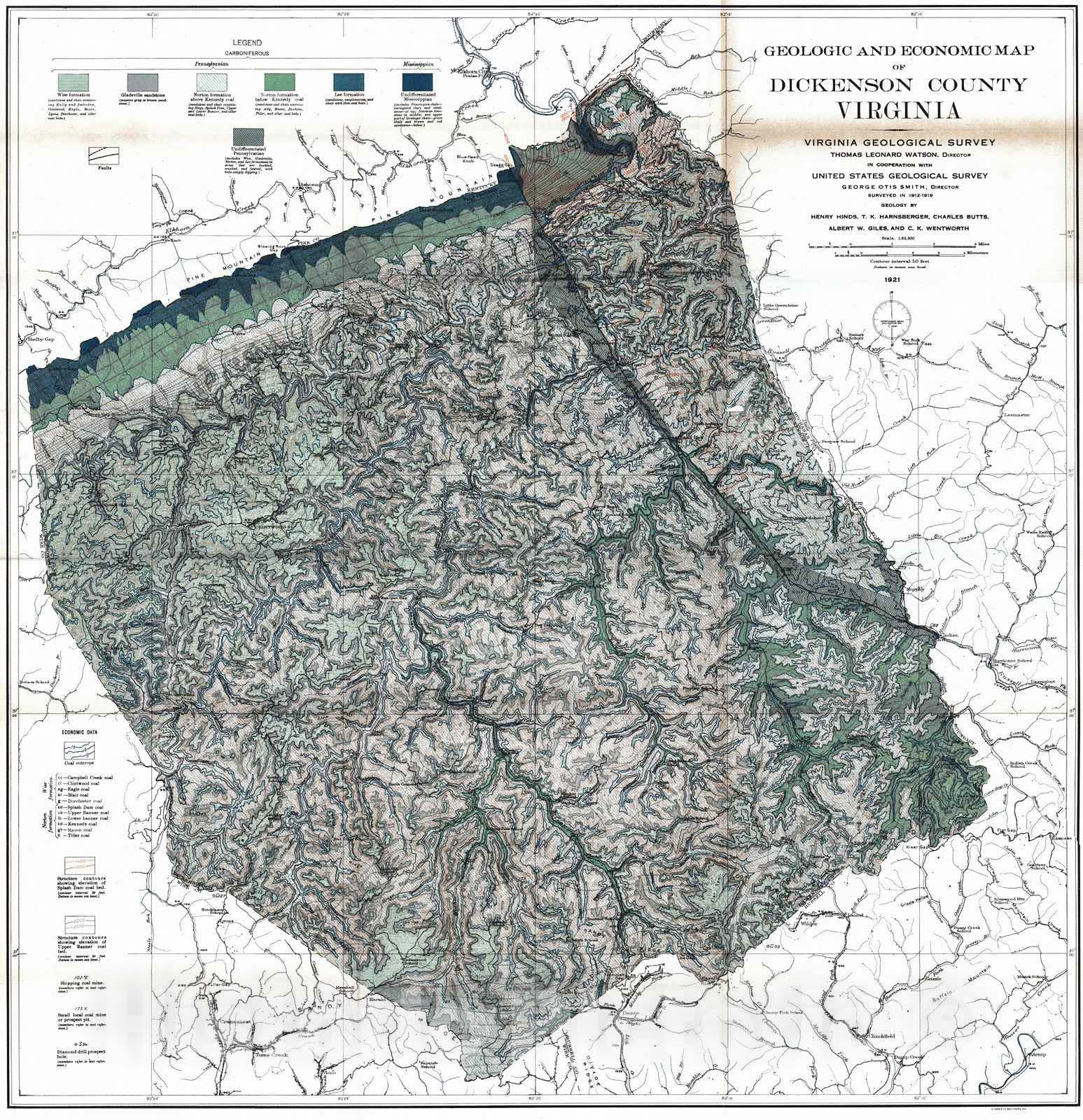 Historic Map 1921 Geologic and Economic Map of Dickenson County, Vir