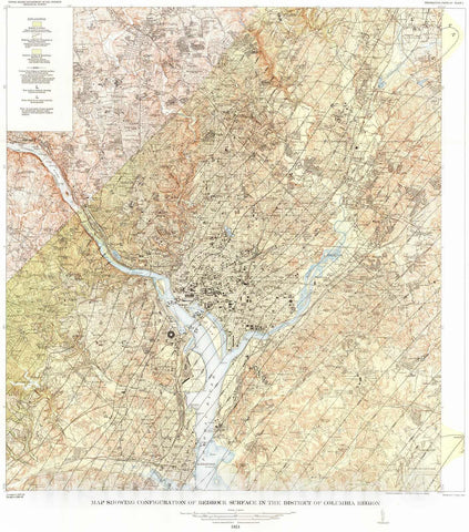 Historic Map : 1951 Map showing the Configuration of Bedrock surface in the District of Columbia Region : Vintage Wall Art