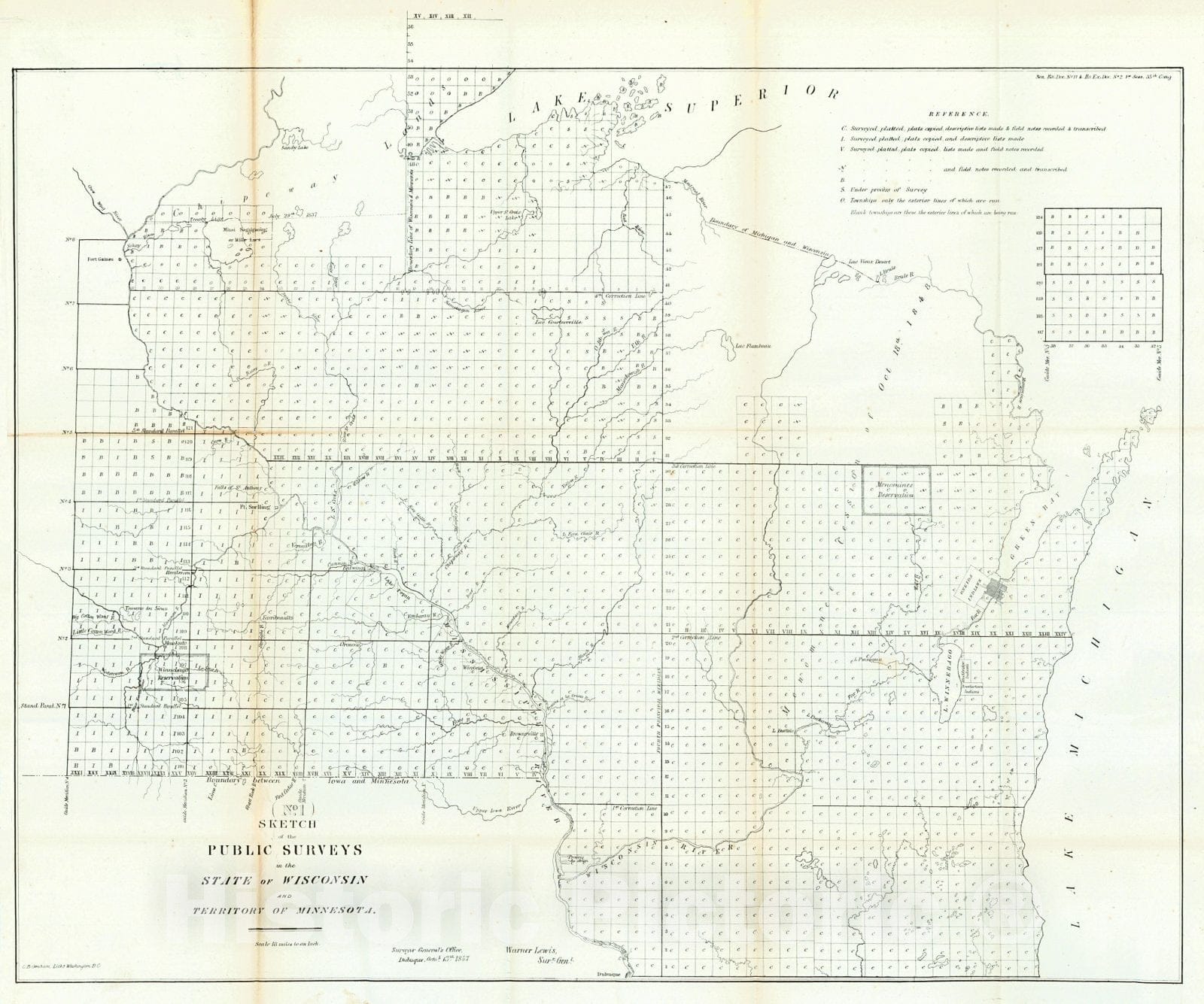 Historic Map : 1857 Sketch of the Public Surveys of the State of Wisconsin and Territory of Minnesota : Vintage Wall Art