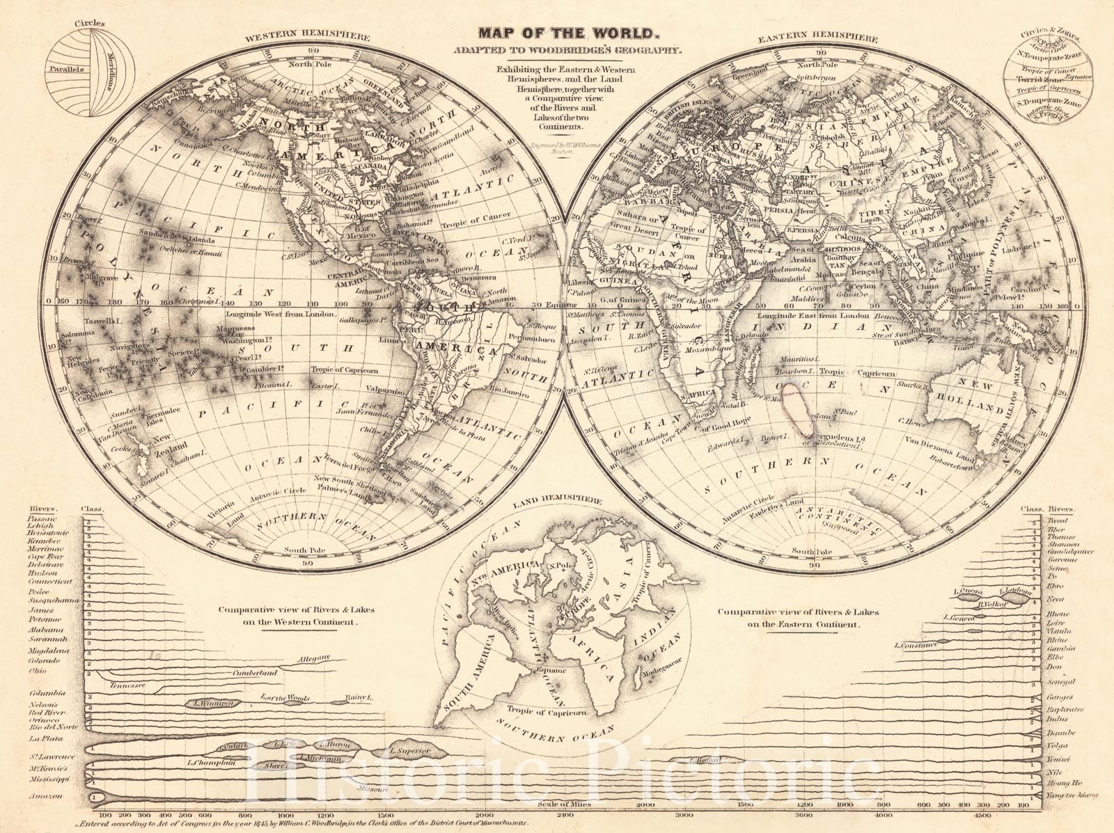 Historic Map : 1845 Map of the World Adapted to Woodbridge's Geography of the Eastern & Western Hemispheres,  together with a Comparative View of the Rivers anmd Lakes : Vintage Wall Art