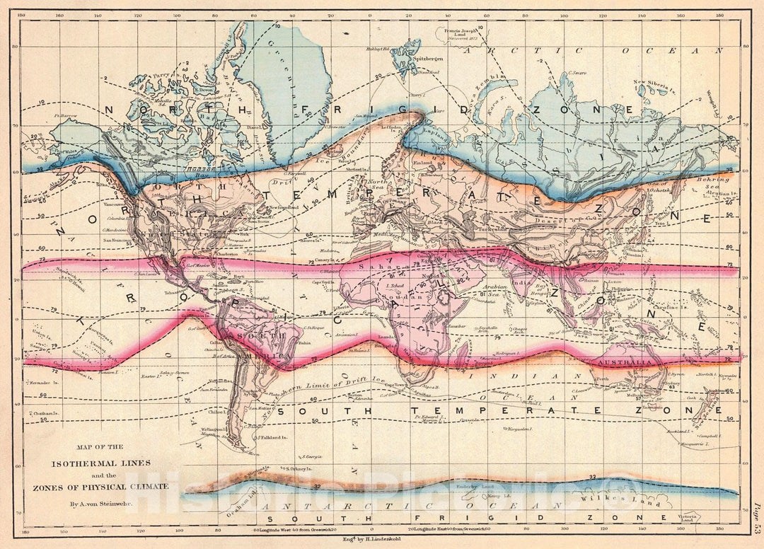 Historic Map : 1872 Map of the Isothermal Lines and the Zones of Physi ...
