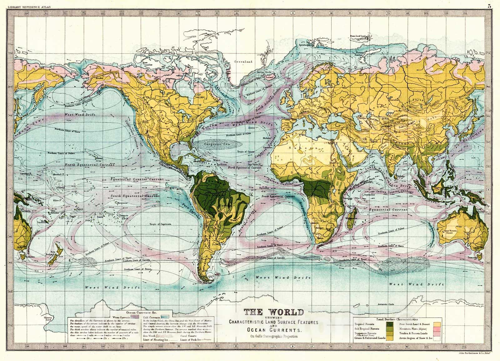 Historic Map : 1890 The World Showing Characteristic Land Surface Features and Ocean Currents : Vintage Wall Art