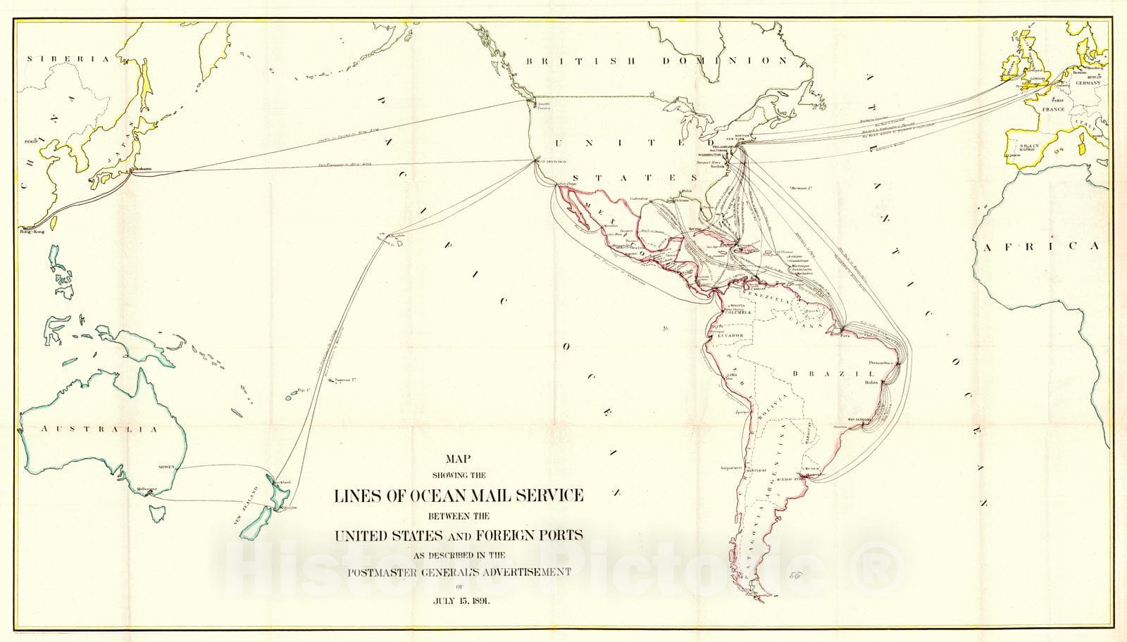 Historic Map : 1891 Map Showing the Lines of Ocean Mail Service Between the United States and Foreign Ports, Postmaster General's Advertisement of July 15,1891 : Vintage Wall Art