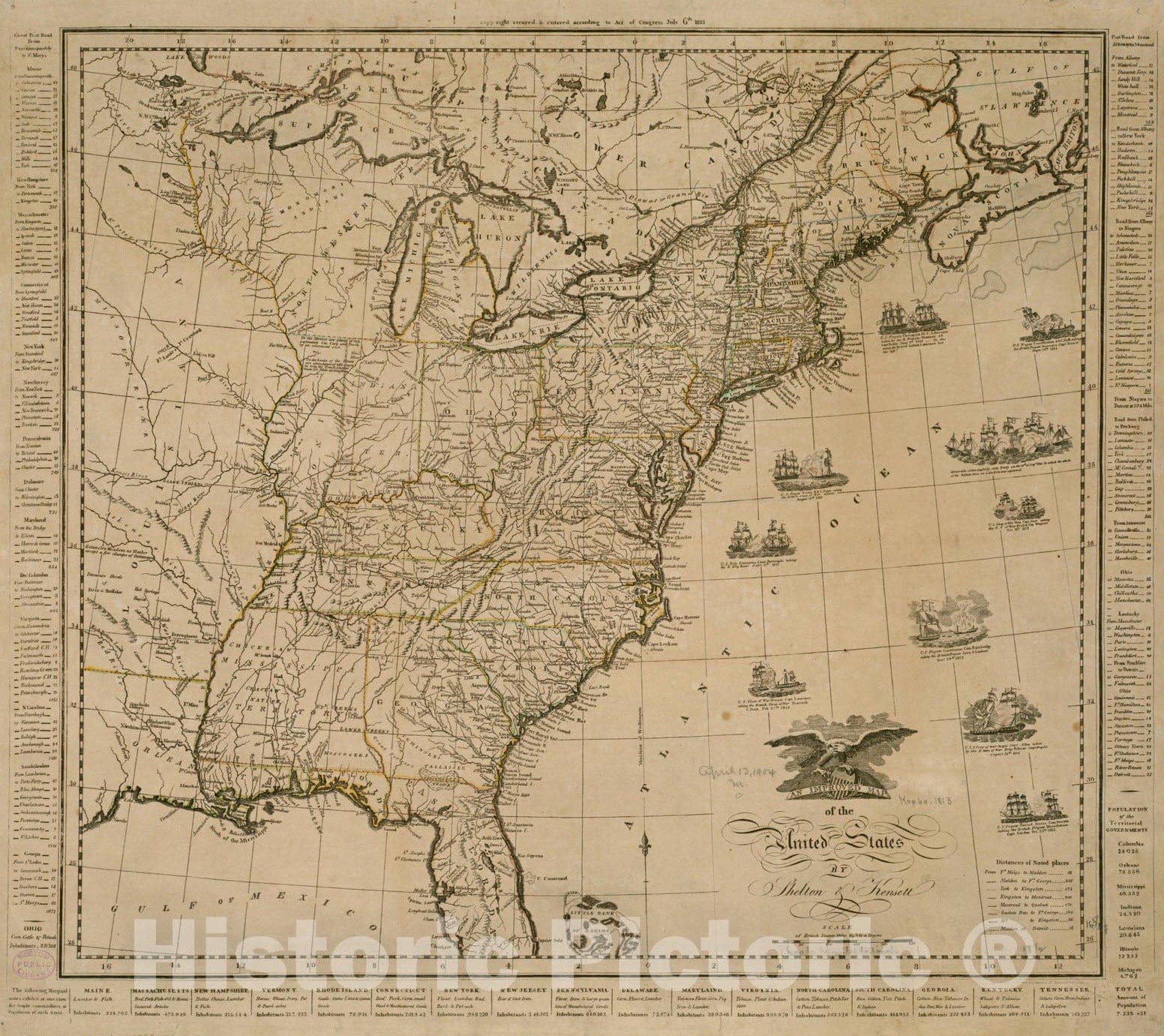 Historical Map, 1813 an Improved map of The United States, Vintage Wall Art