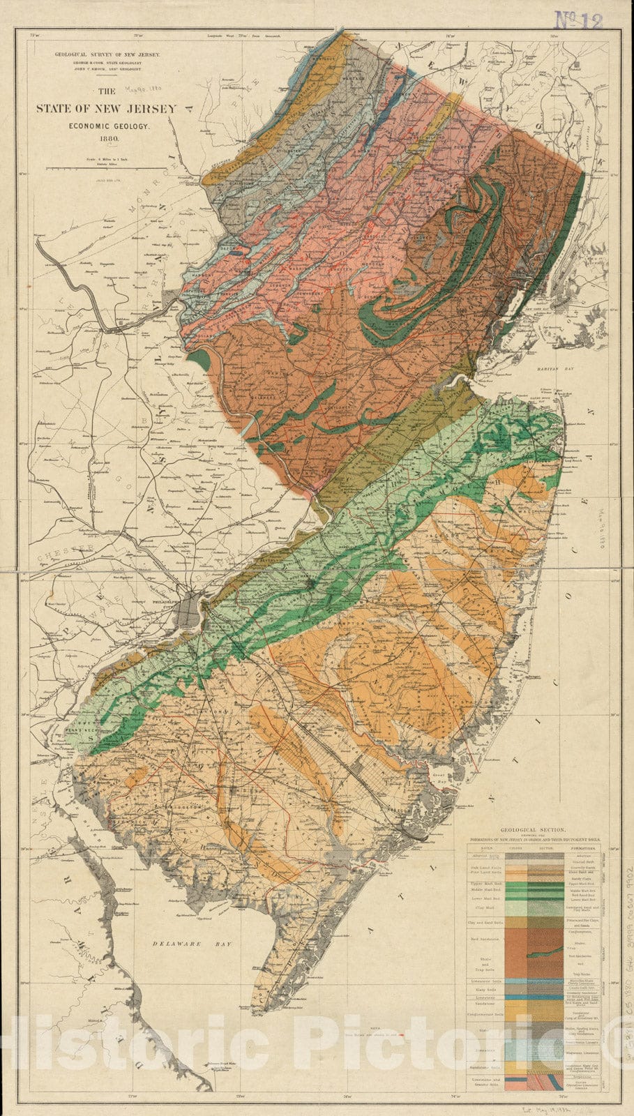 Historical Map, 1880 The State of New Jersey : Economic Geology, Vintage Wall Art