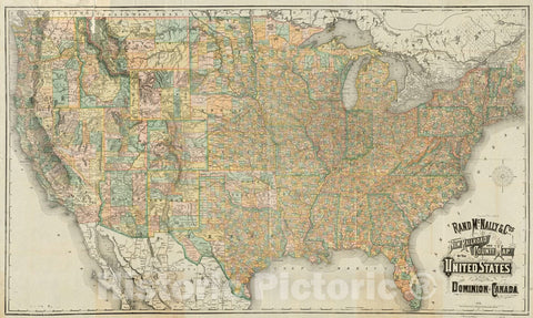 Historical Map, 1882 Rand McNally & Co's New Railroad and County map of The United States and Dominion of Canada, Vintage Wall Art