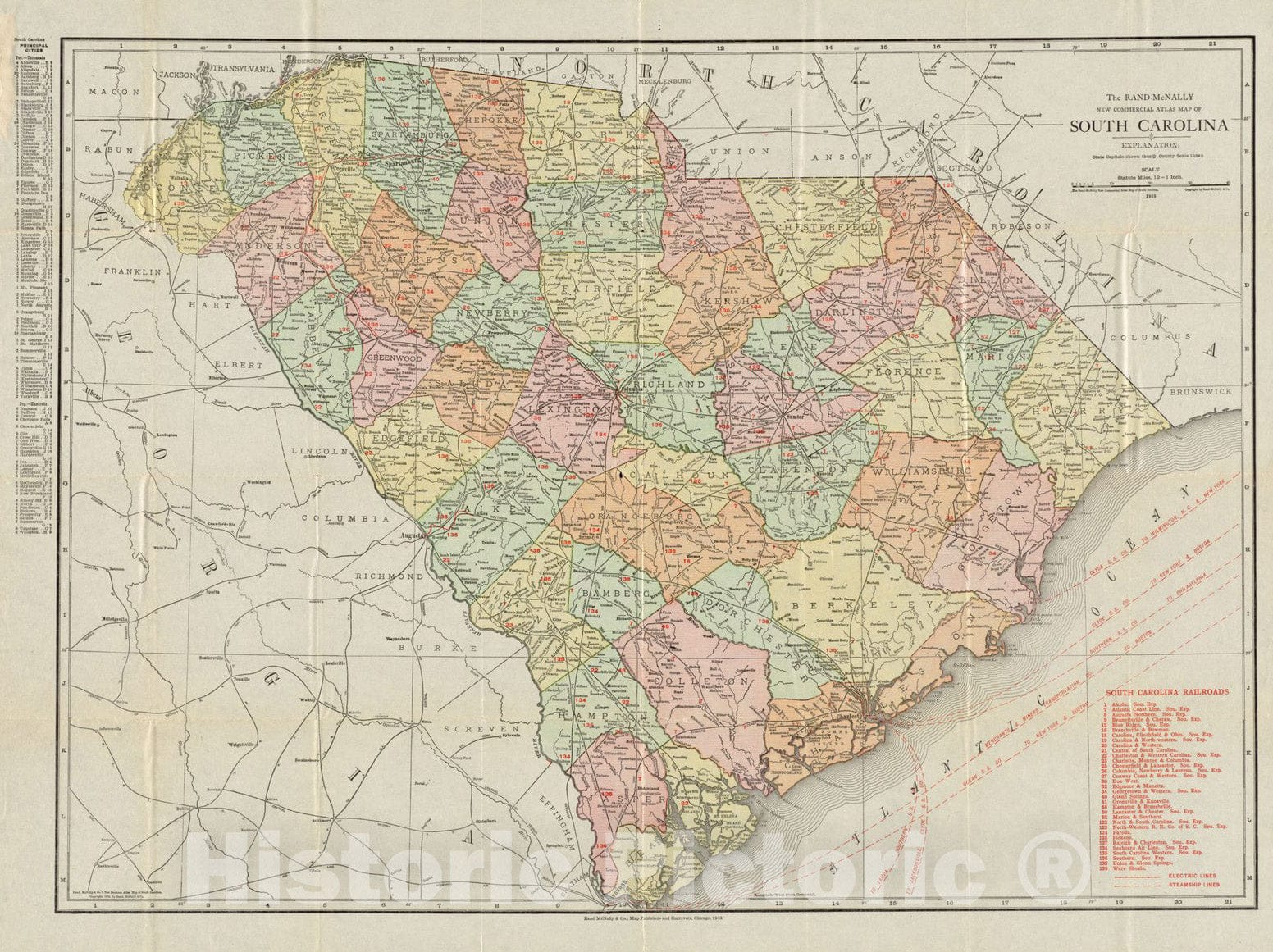 Historical Map, 1913 The Rand McNally New Commercial Atlas map of South Carolina, Vintage Wall Art