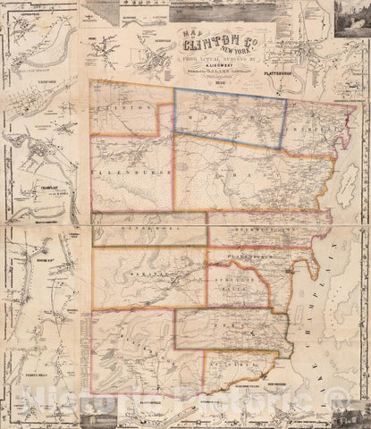 Historical Map, 1856 Map of Clinton Co, New York : from Actual surveys, Vintage Wall Art