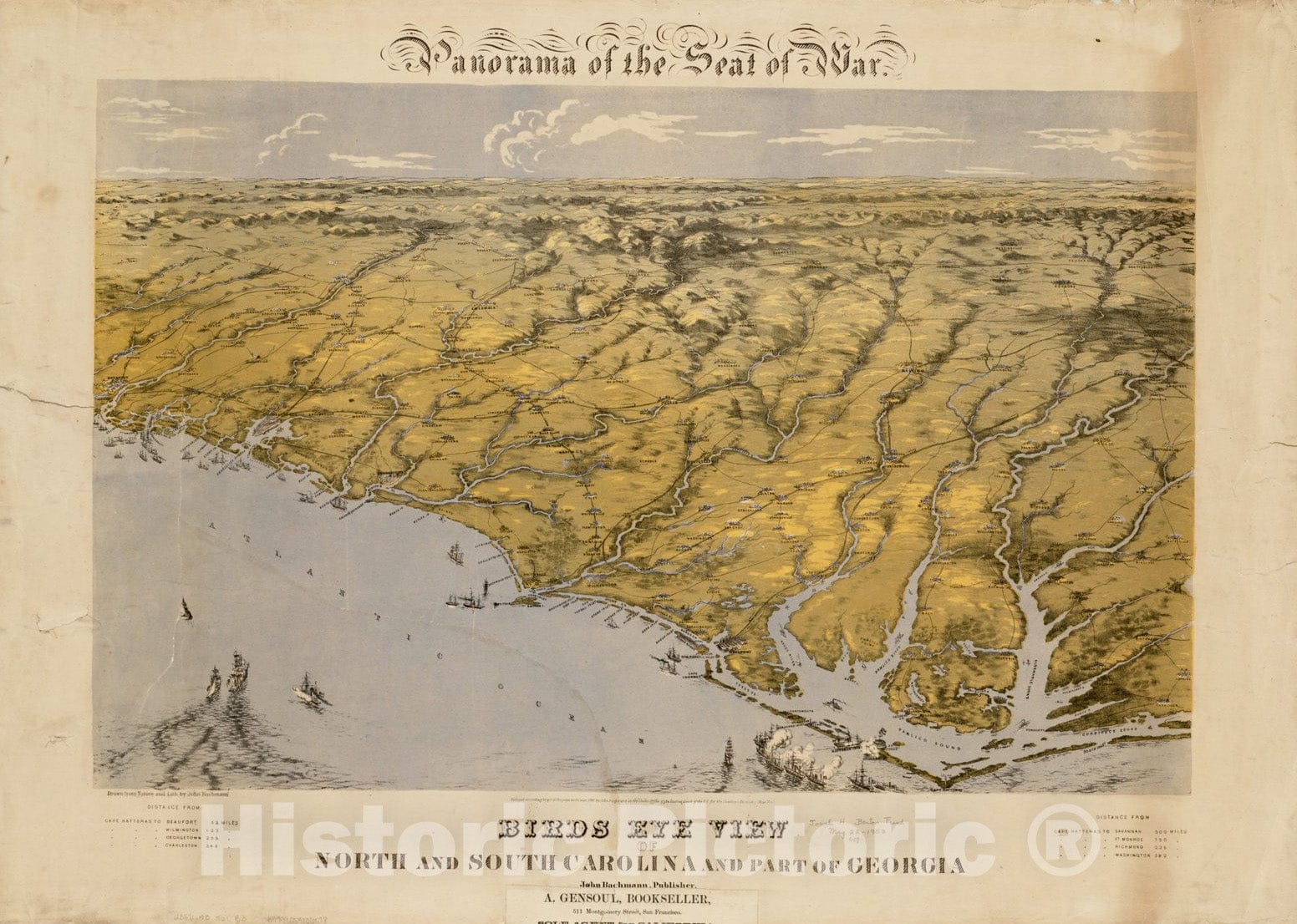 Historical Map, ca. 1861 Birds Eye View of North and South Carolina and Part of Georgia, Vintage Wall Art