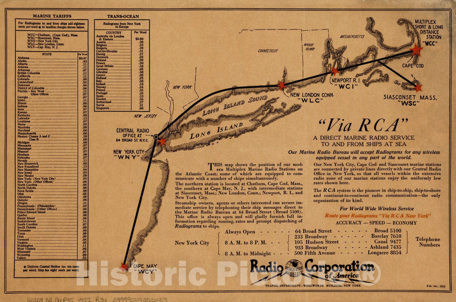 Historical Map, 1922 Via RCA : a Direct Marine Radio Service to and from Ships at sea, Vintage Wall Art