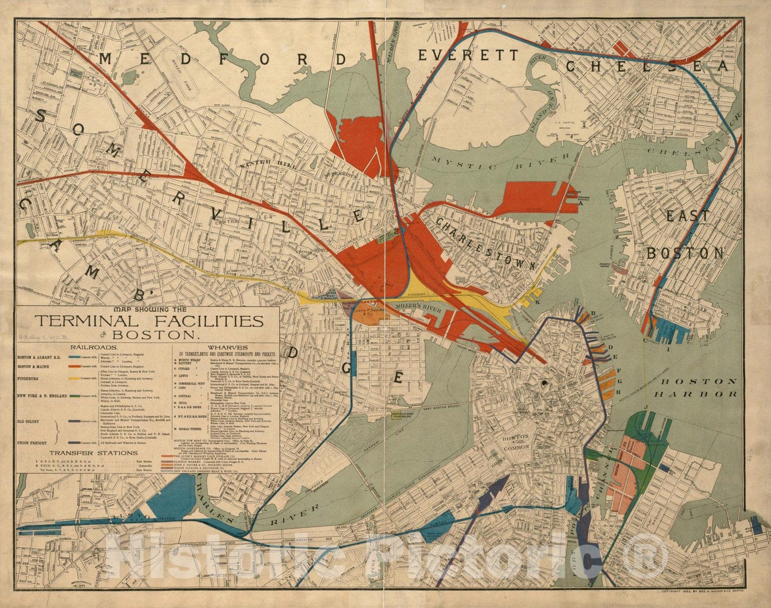 Historical Map, 1893 Map Showing The Terminal Facilities of Boston, Vintage Wall Art