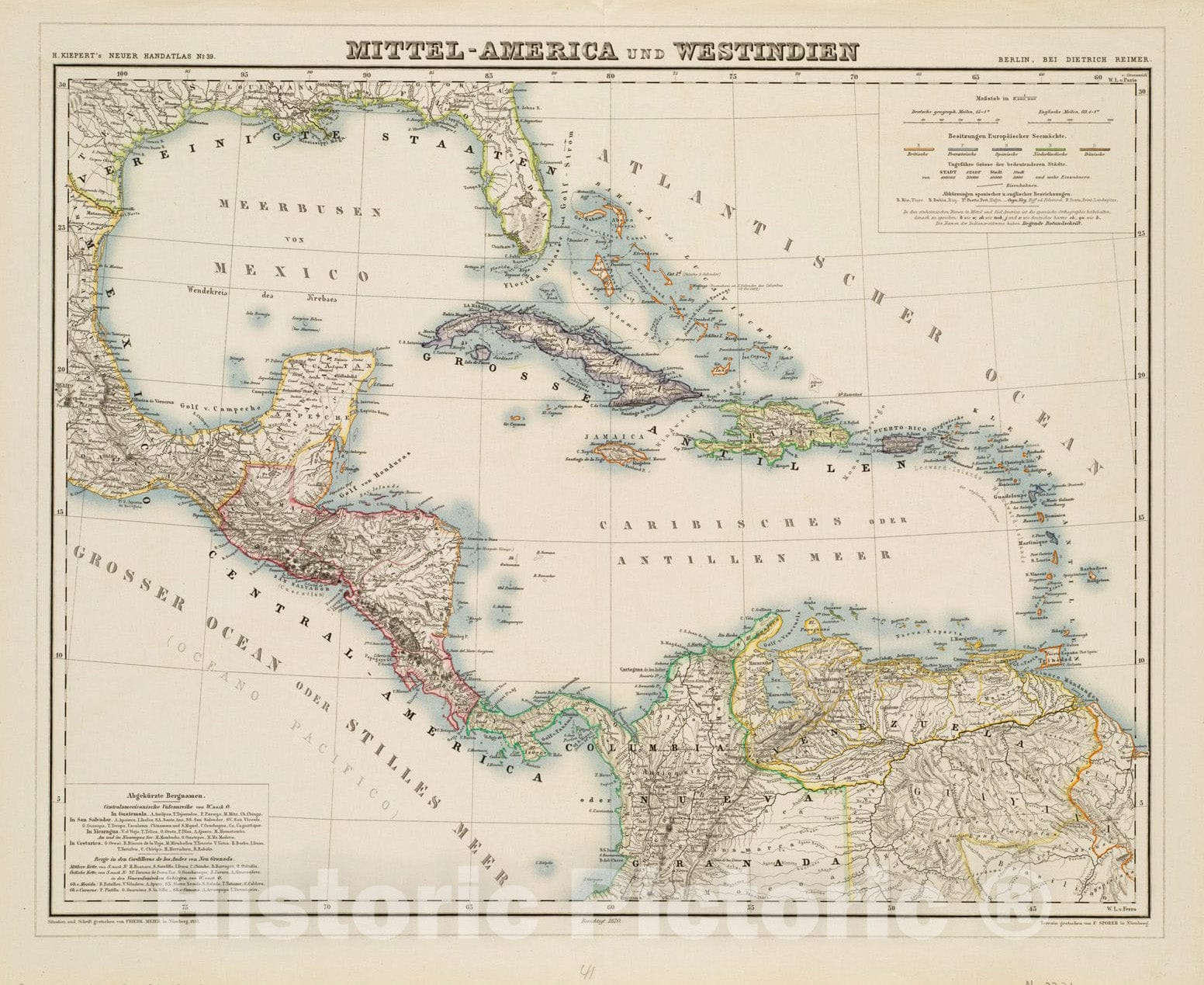 Historical Map, 1871 Mittel-America und Westindien, Vintage Wall Art