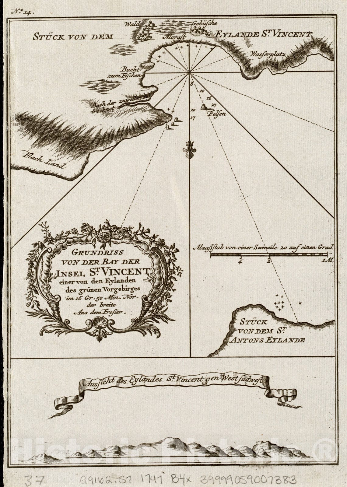 Historical Map, 1747 Grundriss von der Bay der insel St. Vincent Einer von den Eylanden des gruIË†nen Vorgebirges, Vintage Wall Art