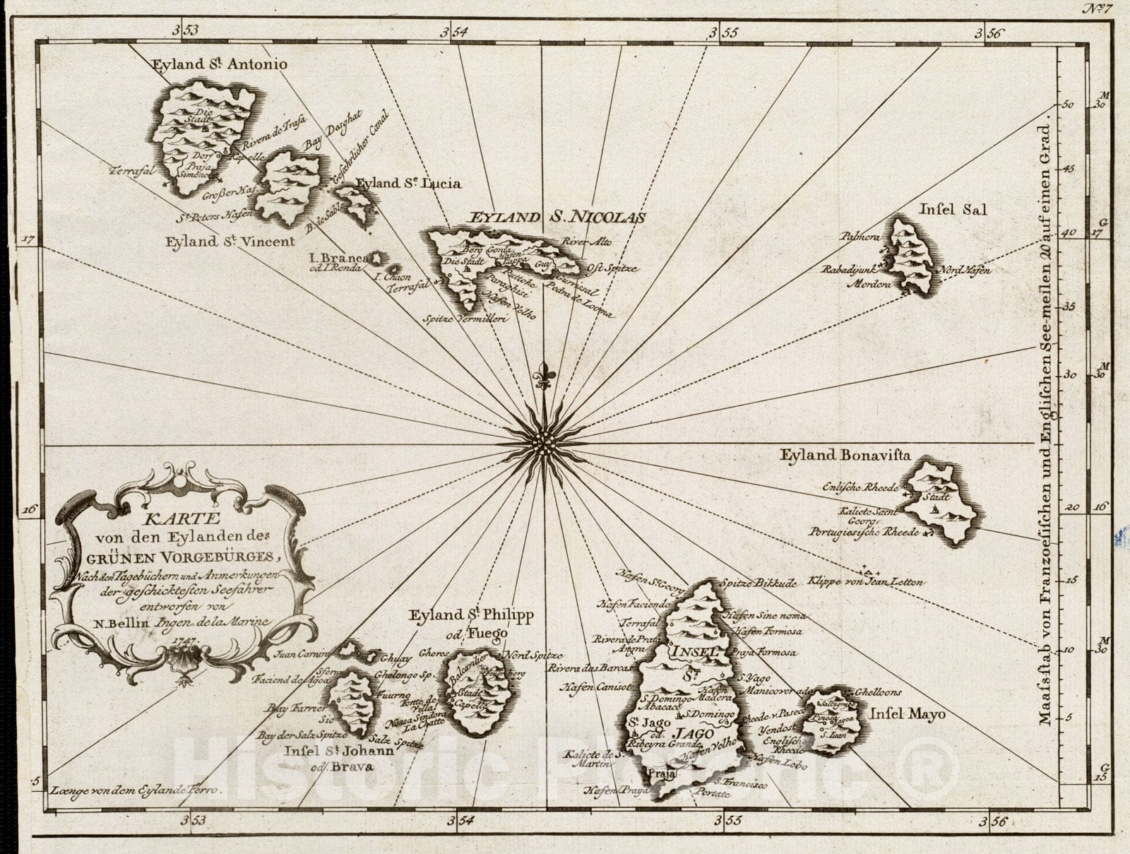 Historical Map, 1747 Karte von den Eylanden des GruIË†nen VorgebuIË†rges, nach den TagebuIË†chern und Anmerkungen der geschicktesten Seefahrer, Vintage Wall Art