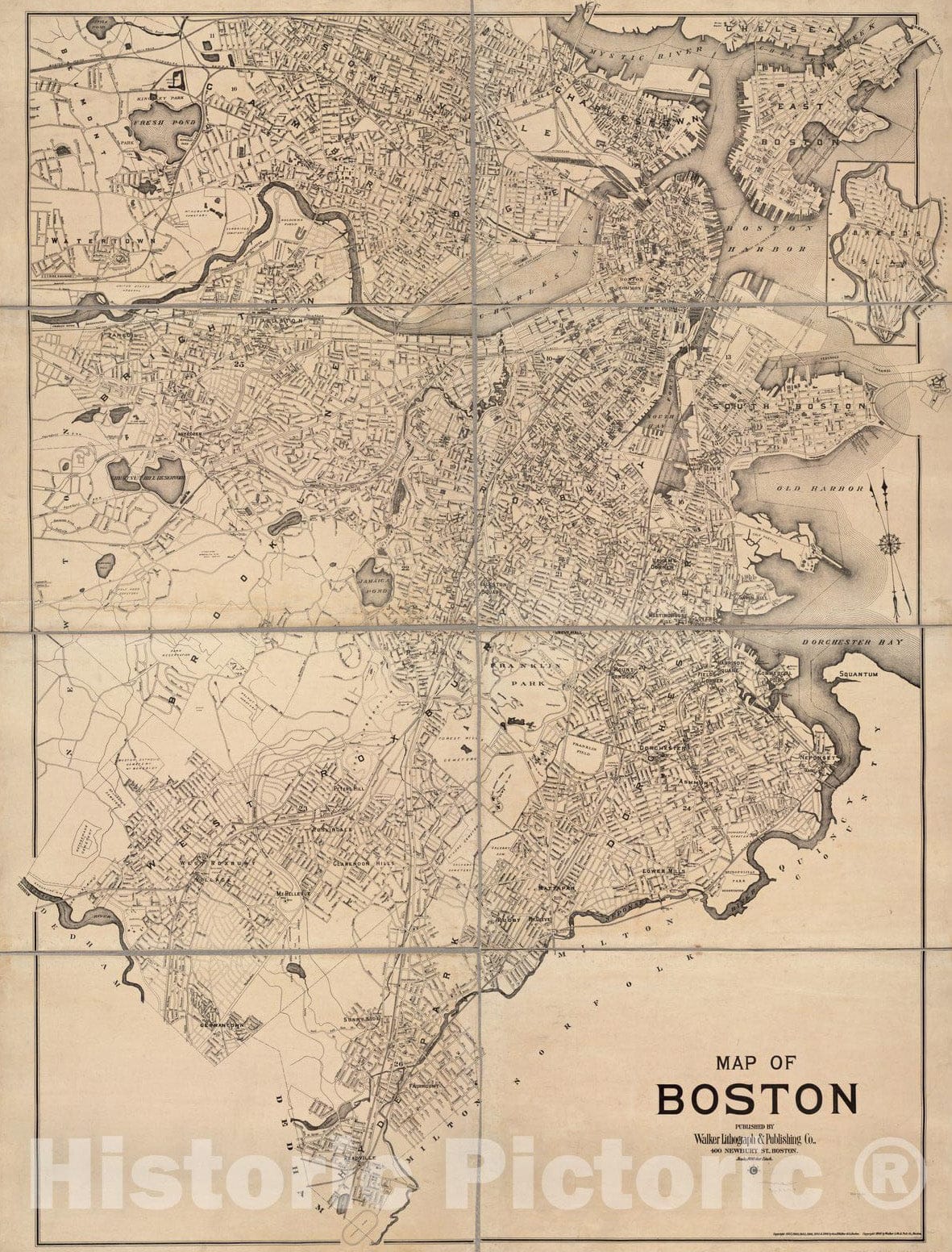 Historical Map, ca. 1908 Map of Boston, Vintage Wall Art