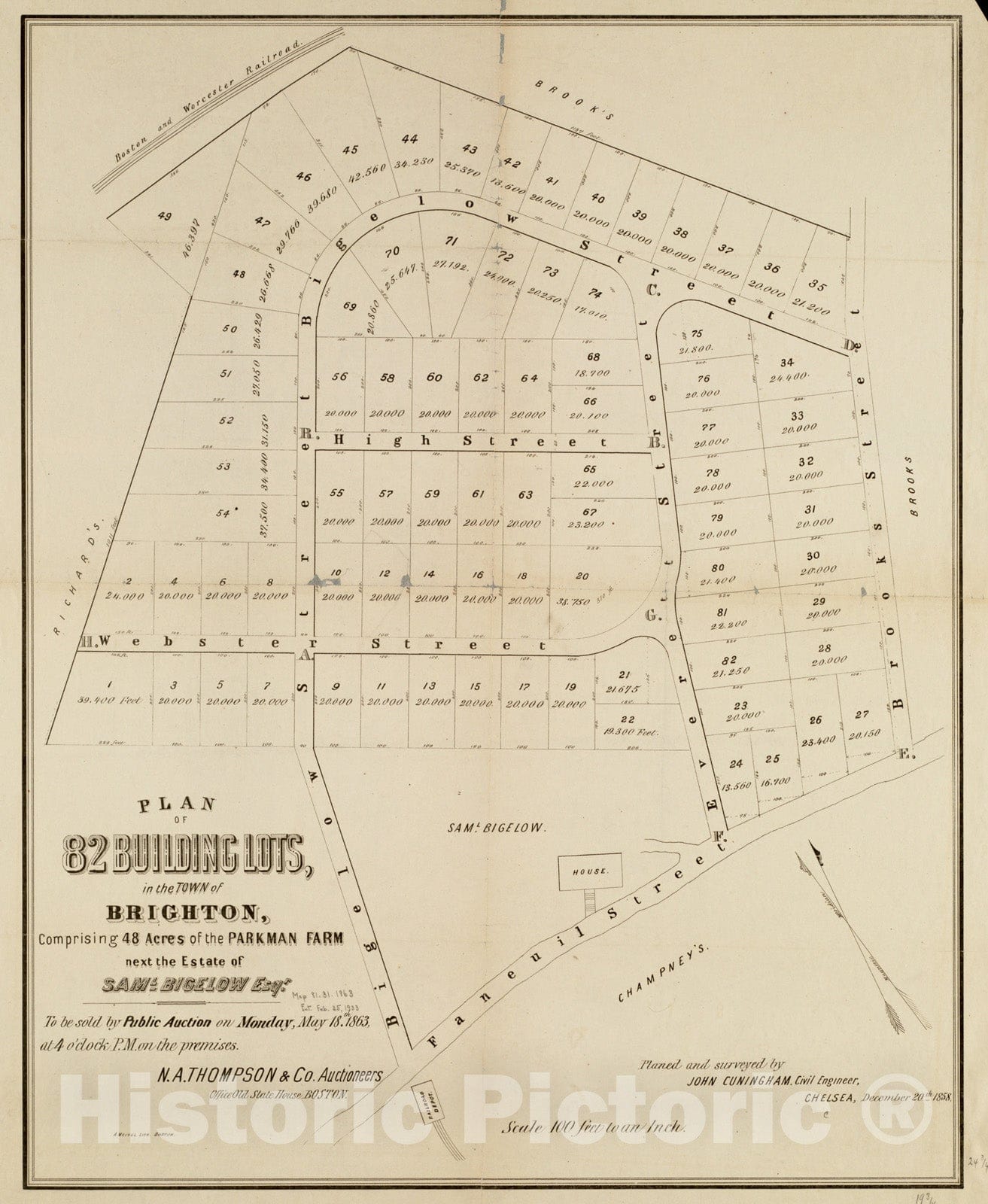 Historical Map, Plan of 82 Building Lots, in The Town of Brighton, comprising 48 Acres of The Parkman Farm Next The Estate of Saml. Bigelow Esqr, Vintage Wall Art