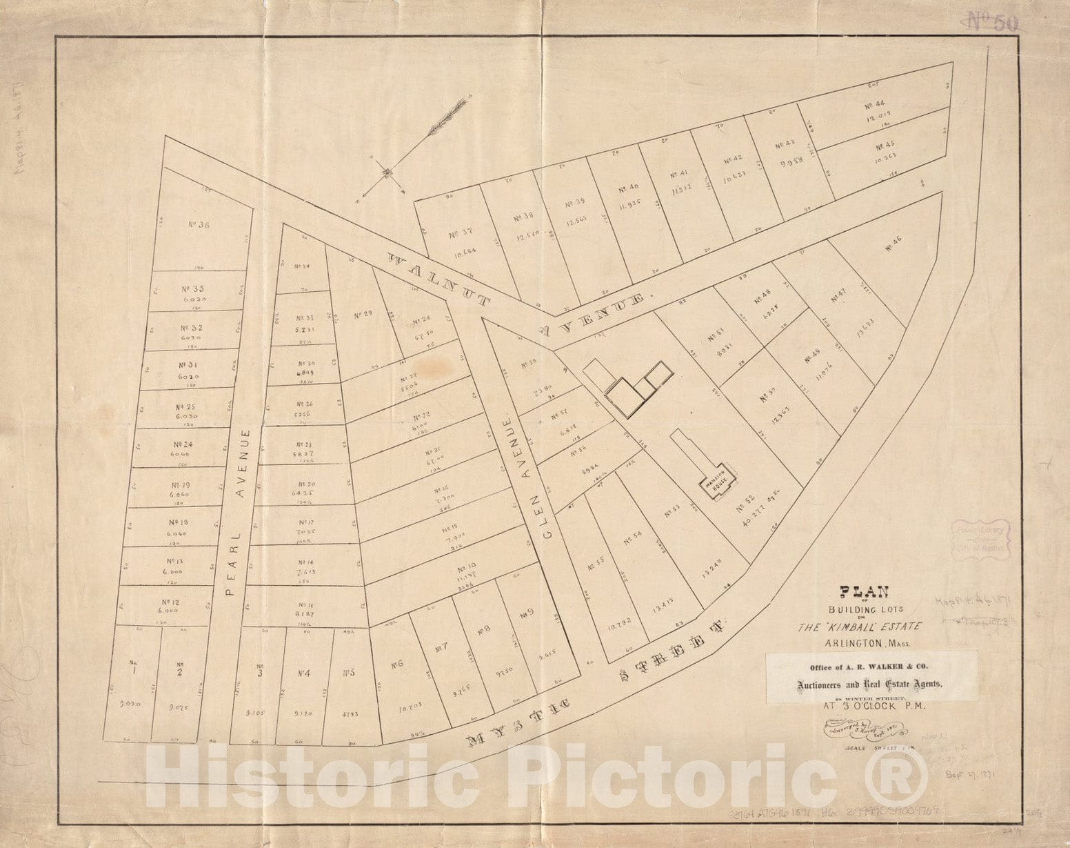 Historical Map, 1871 Plan of Building Lots on The 'Kimball' Estate Arlington, Mass. at 3 o'clock p.m, Vintage Wall Art