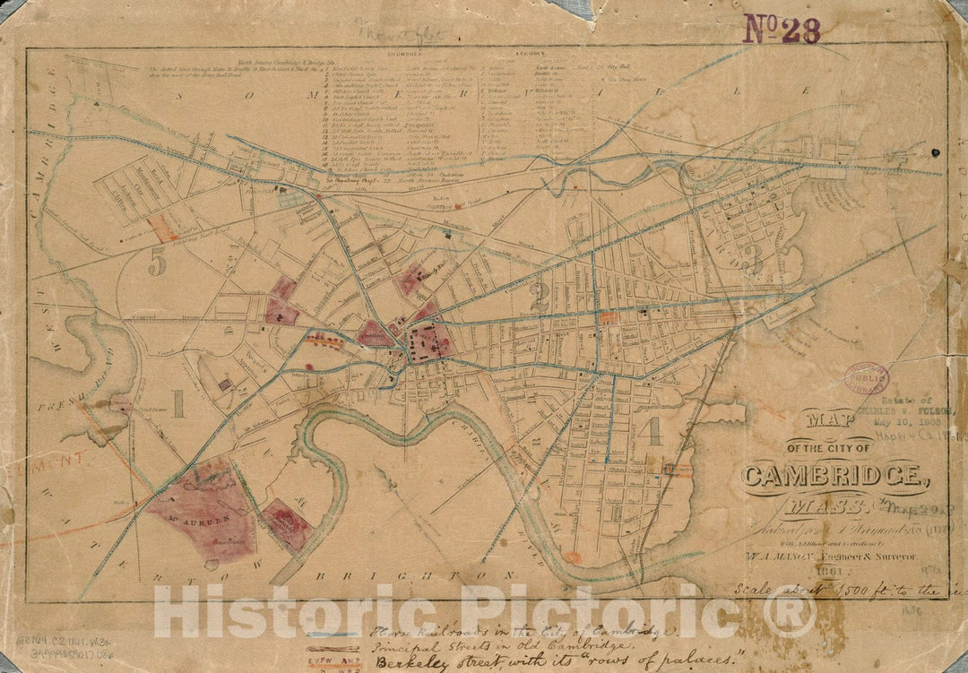 Historical Map, Map of The City of Cambridge : Reduced from J. Hayward's, 1838 : with additions and Corrections, Vintage Wall Art