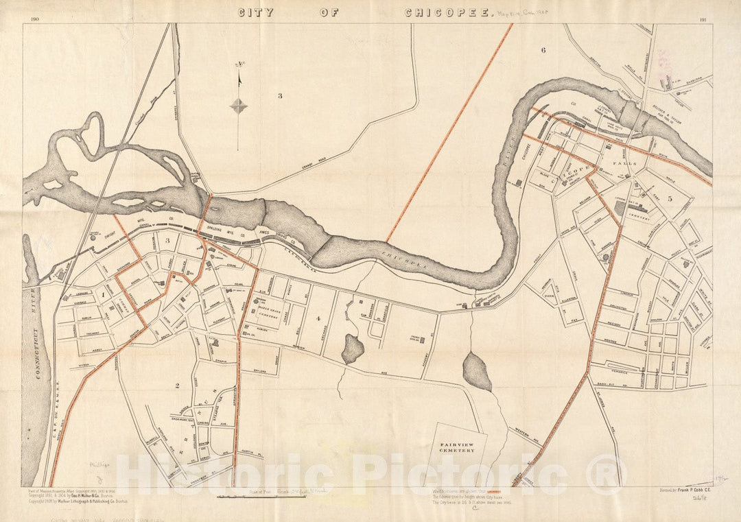 Historical Map, ca. 1908 City of Chicopee, Vintage Wall Art