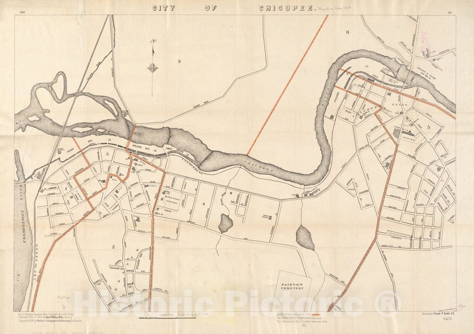Historical Map, ca. 1908 City of Chicopee, Vintage Wall Art