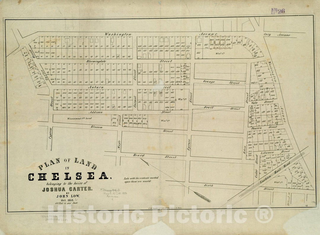 Historical Map, 1853 Plan of Land in Chelsea Belonging to The heirs of Joshua Carter, Vintage Wall Art