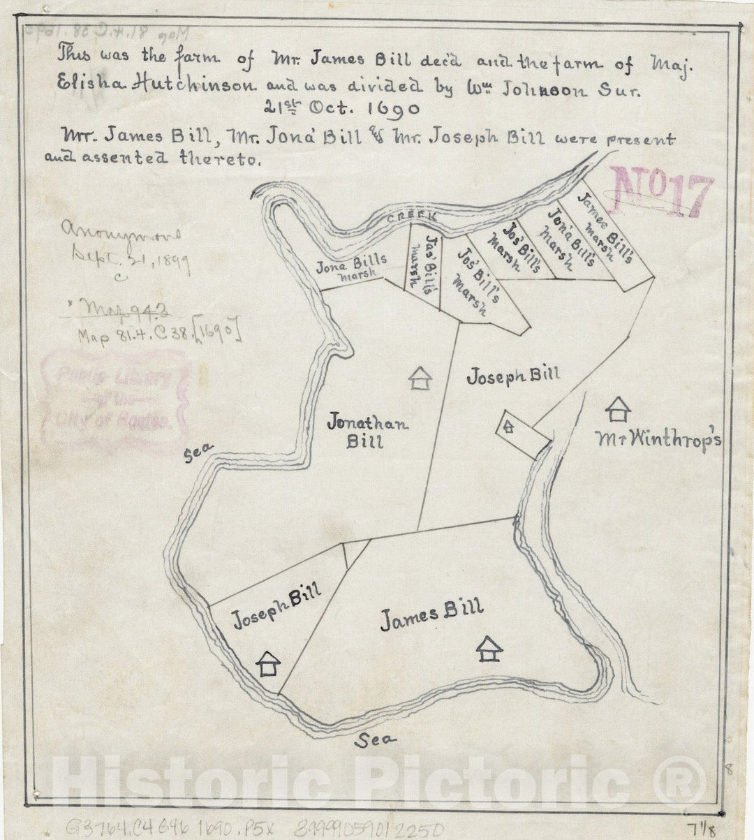 Historical Map, 1690 [Plan of Farm Lands in Chelsea Belonging to The Bill Family], Vintage Wall Art