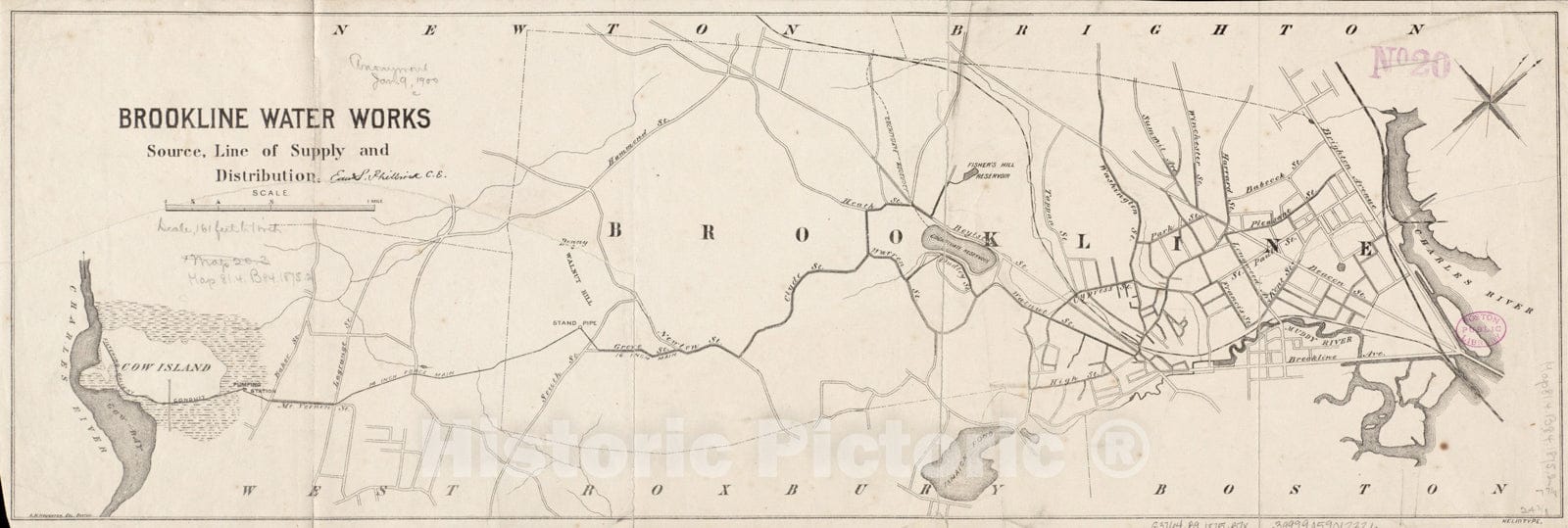 Historical Map, 1875 Brookline Water Works : Source, line of Supply and Distribution, Vintage Wall Art
