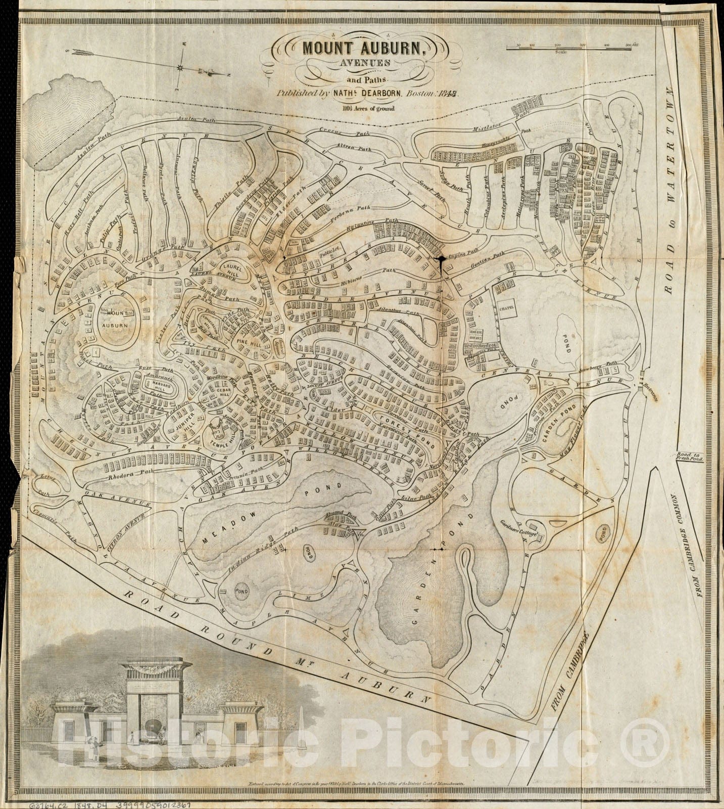 Historical Map, 1848 Mount Auburn, Avenues and Paths, Vintage Wall Art