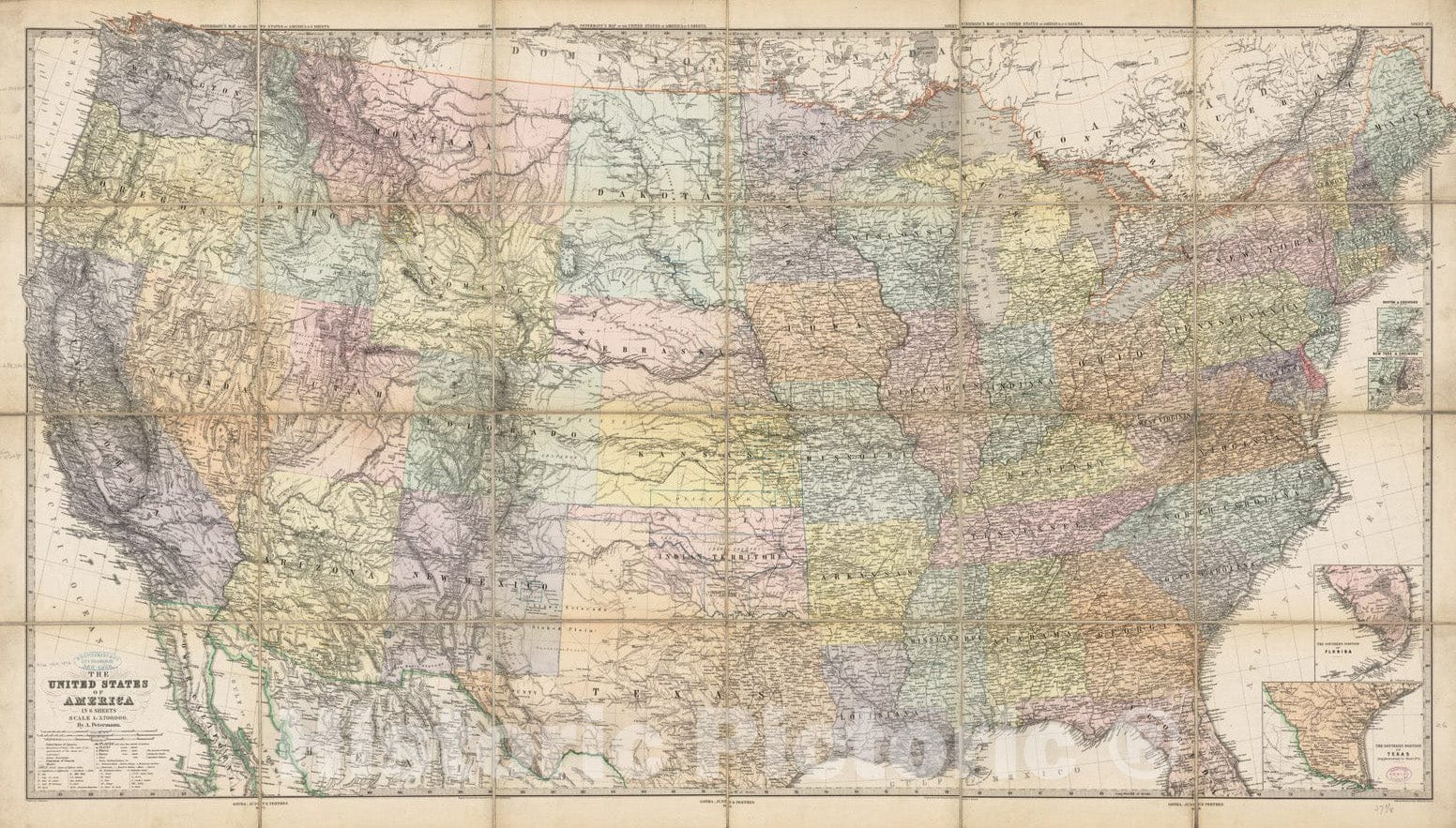 Historical Map, 1874 The United States of America in 6 Sheets, Vintage Wall Art