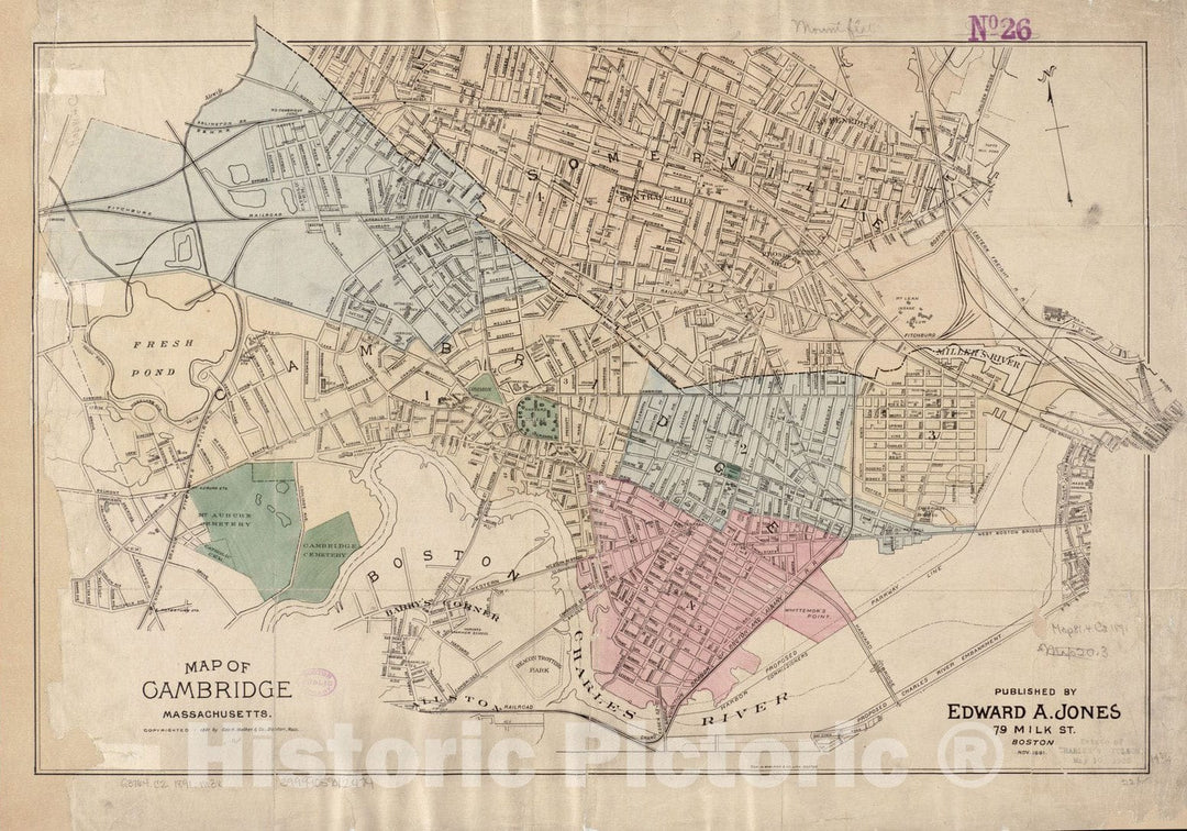 Historical Map, 1891 Map of Cambridge Massachusetts, Vintage Wall Art
