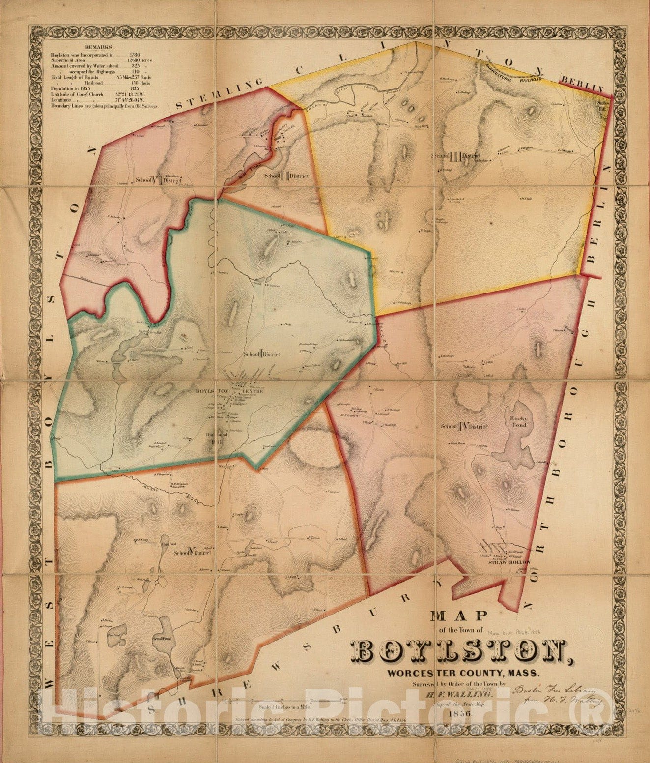 Historical Map, 1856 Map of the town of Boylston, Worcester County, Mass : surveyed by order of the town, Vintage Wall Art