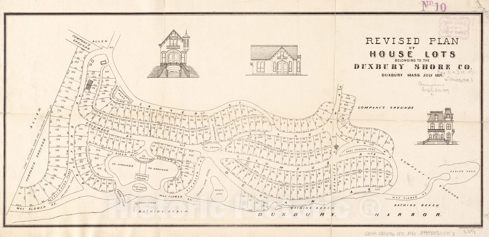 Historical Map, Revised Plan of House Lots Belonging to The Duxbury Shore Co : Duxbury, Mass, July 1871, Vintage Wall Art