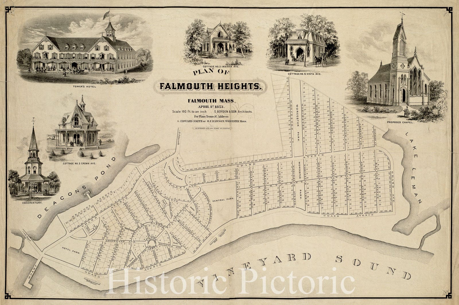 Historical Map, Plan of Falmouth Heights, Falmouth Mass, April 1st 1873, Vintage Wall Art
