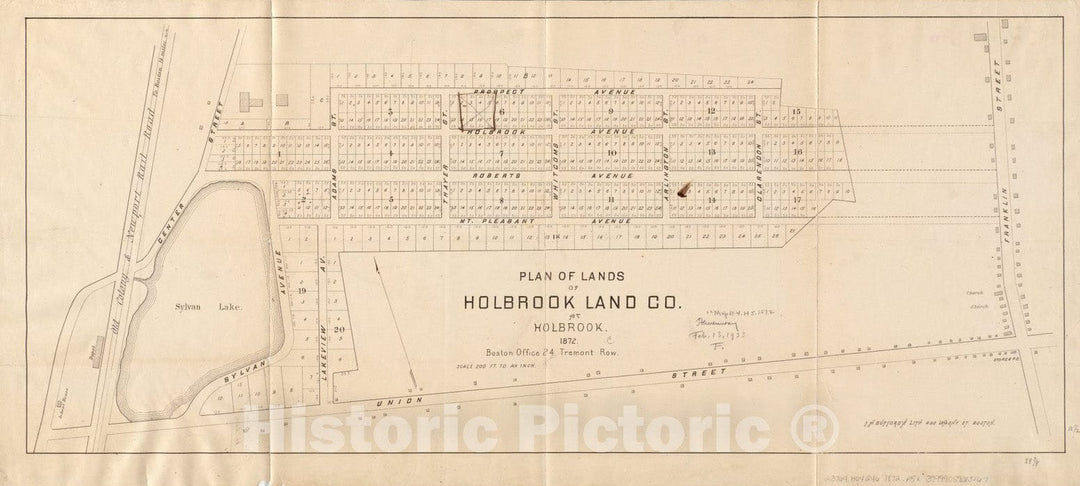 Historical Map, Plan of Lands of Holbrook Land Co. at Holbrook 1872, Vintage Wall Art