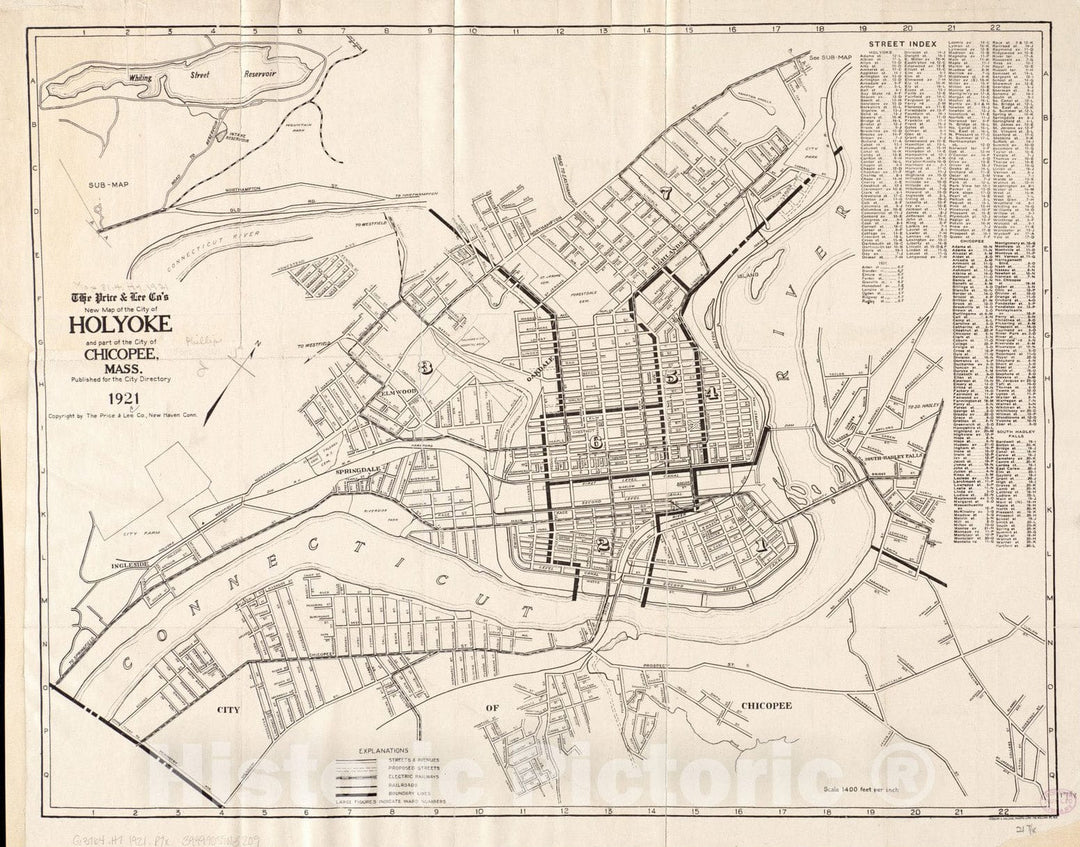 Historical Map, 1921 The Price & Lee Co's New map of The City of Holyoke and Part of The City of Chicopee, Mass, Vintage Wall Art