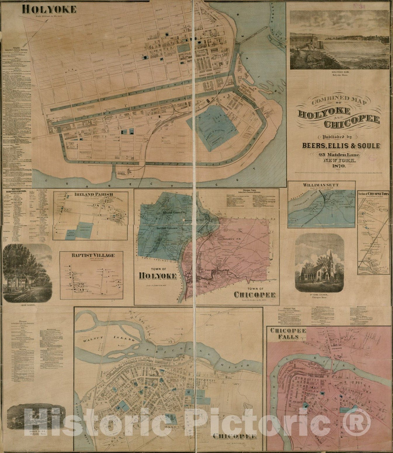 Historical Map, 1870 Combined map of Holyoke and Chicopee, Vintage Wall Art