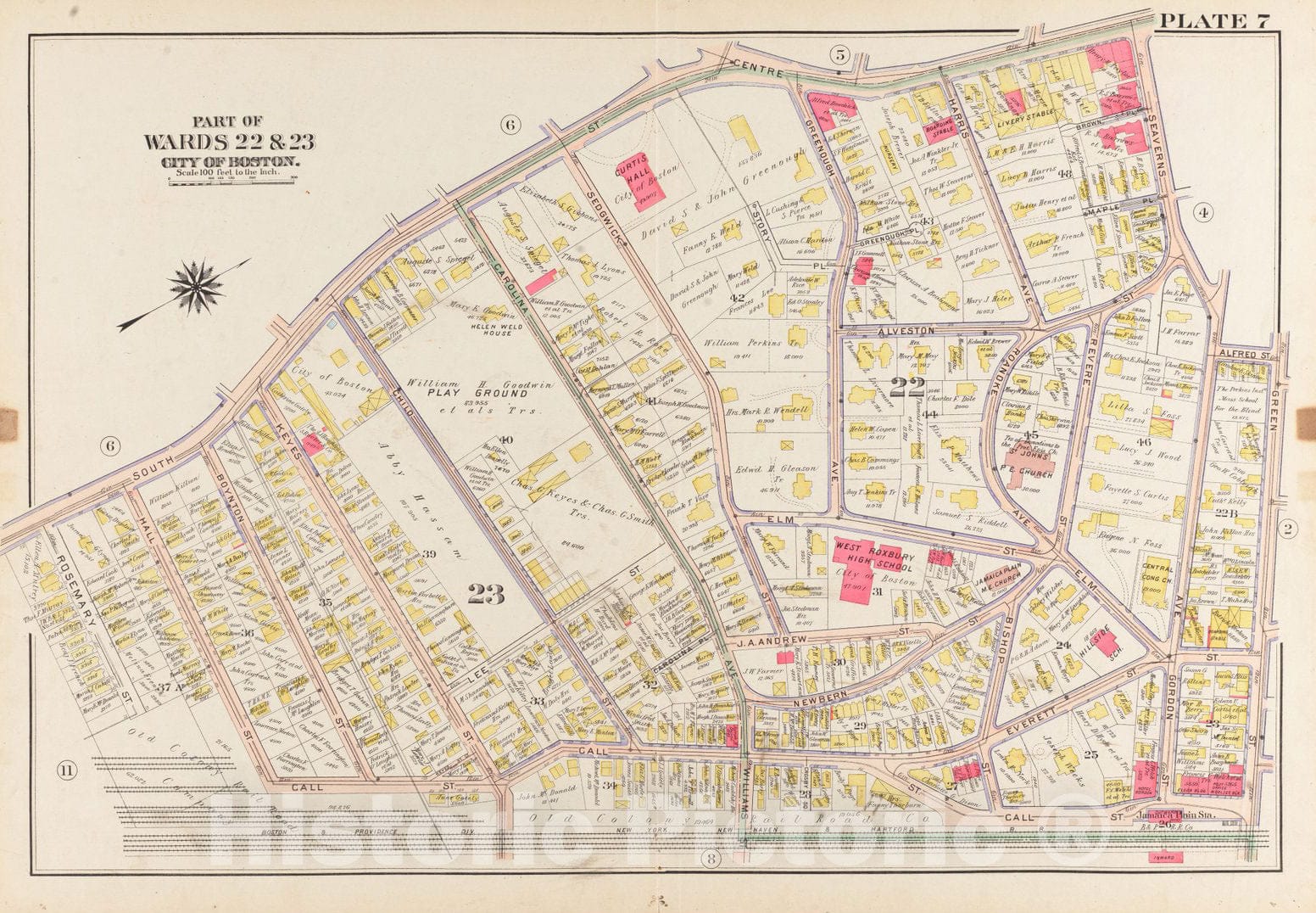 Historical Map, 1905 Atlas of The City of Boston, West Roxbury : Plate 7, Vintage Wall Art