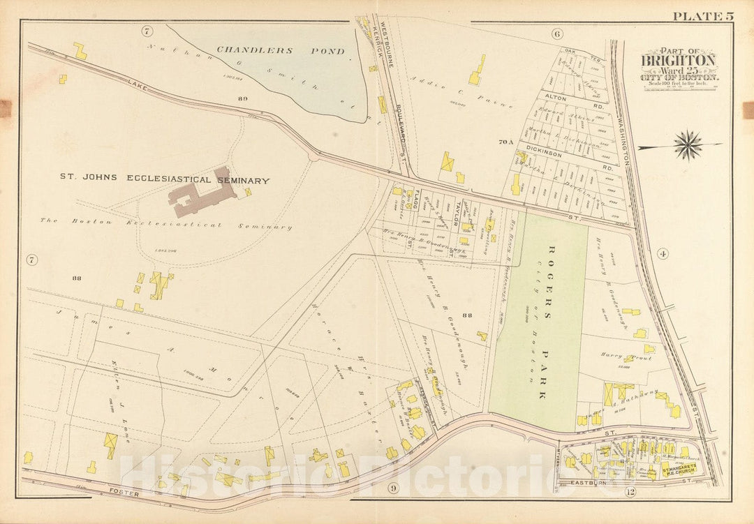 Historical Map, 1909 Atlas of The City of Boston, Ward 25, Brighton : Plate 5, Vintage Wall Art