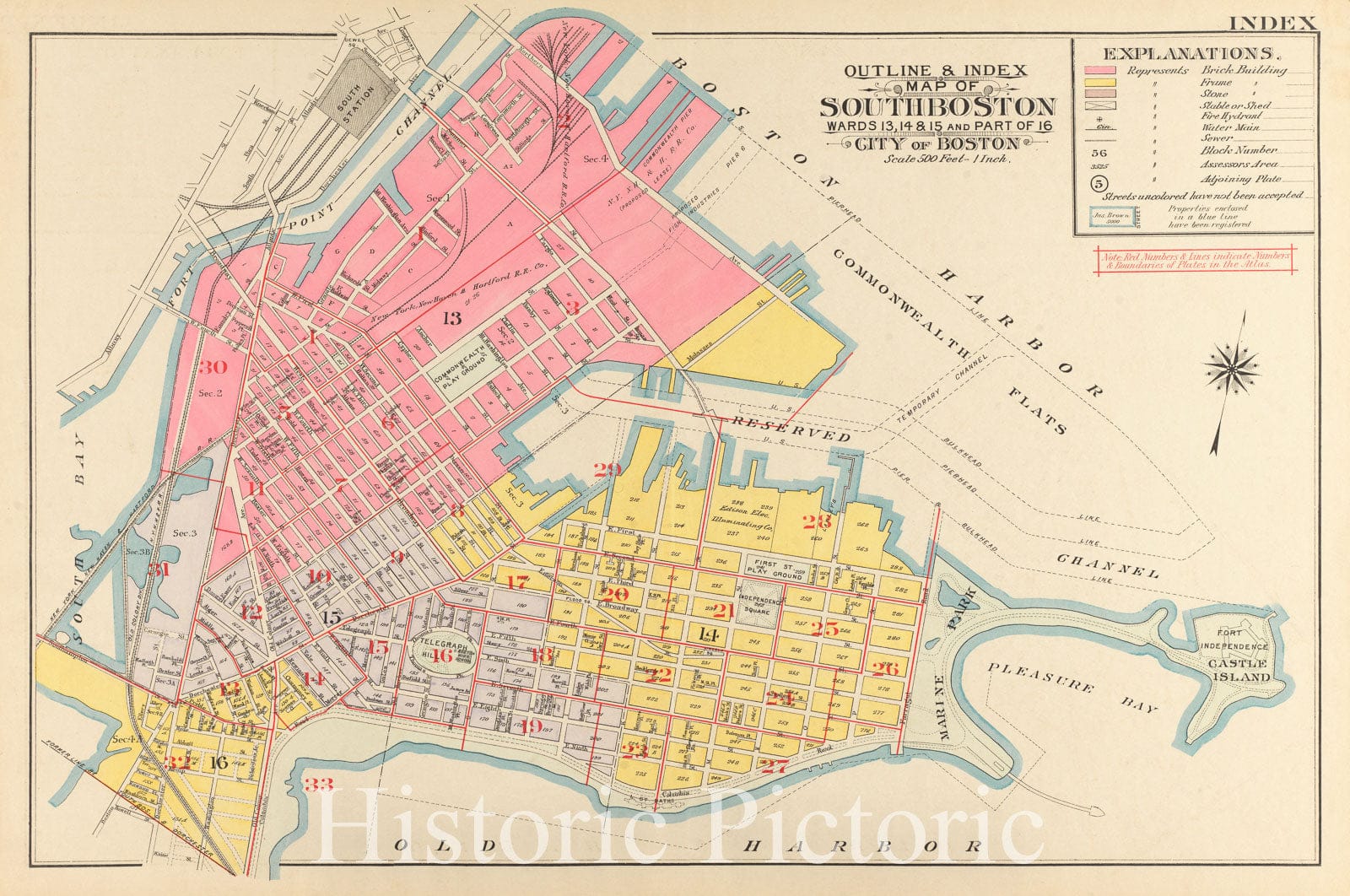 Historical Map, Outline & Index map of South Boston, wards 13, 14, 15, and Part of 16, City of Boston, Vintage Wall Art