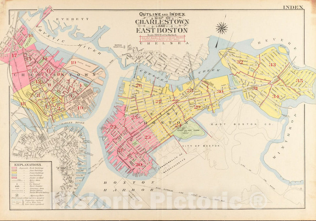 Historical Map, 1912 Outline and Index map of Charlestown and East Boston, Vintage Wall Art