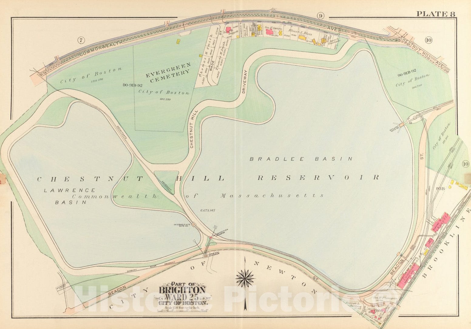 Historical Map, 1916 Atlas of The City of Boston, wards 25 & 26, Brighton : Plate 8, Vintage Wall Art