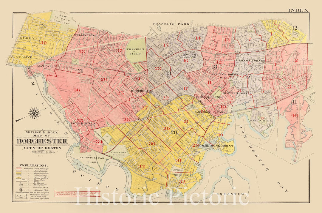 Historical Map, 1918 Outline & Index map of Dorchester, The City of Boston, Vintage Wall Art