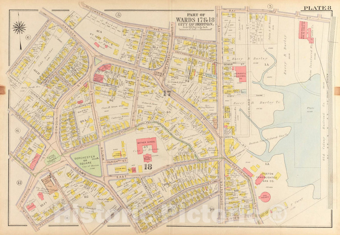 Historical Map, 1918 Atlas of The City of Boston, Dorchester : Plate 8, Vintage Wall Art