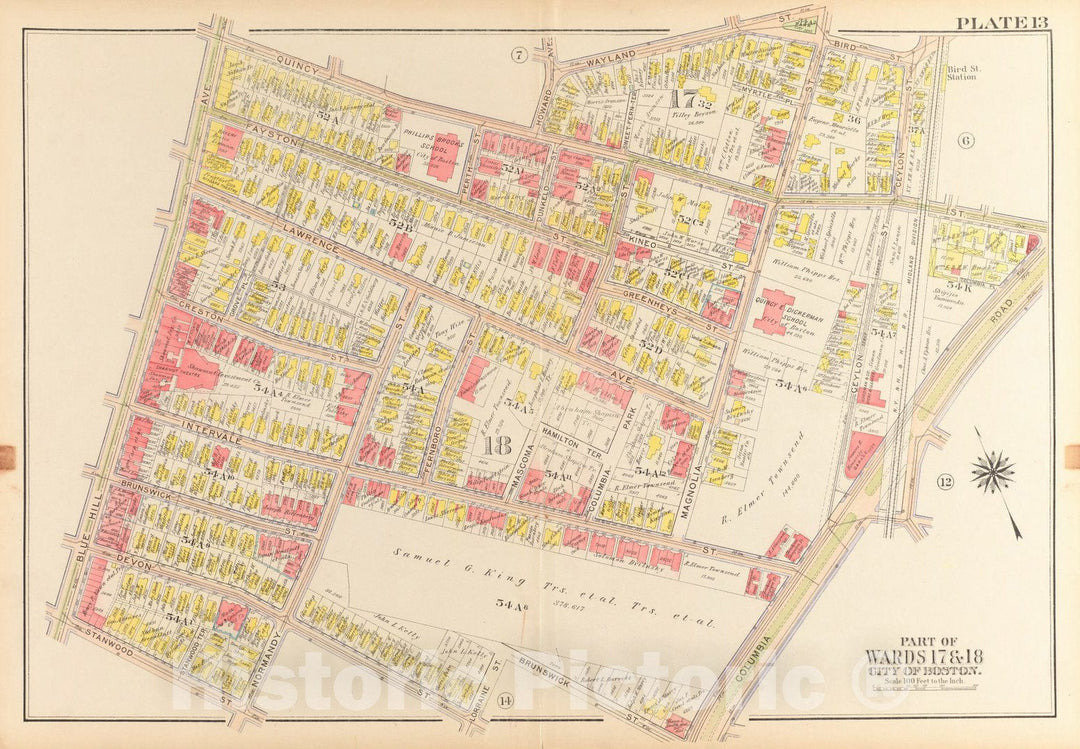 Historical Map, 1918 Atlas of the city of Boston, Dorchester : plate 13, Vintage Wall Art