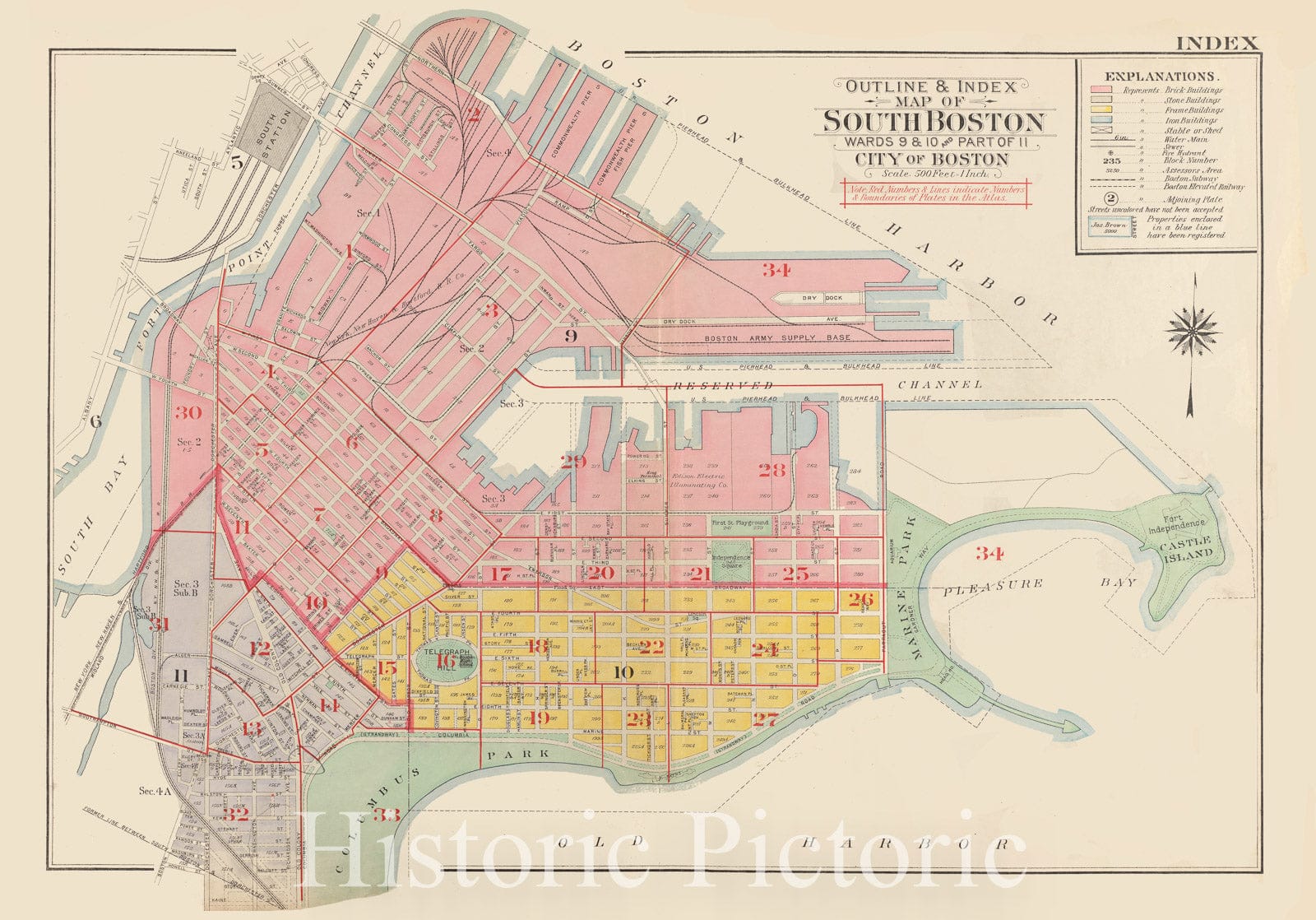 Historical Map, 1919 Outline & Index map of South Boston, wards 9 & 10 and Part of 11, City of Boston, Vintage Wall Art