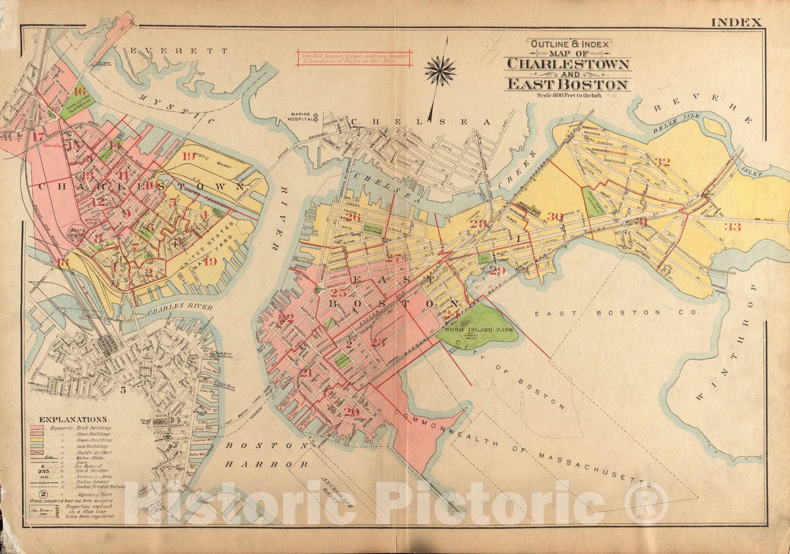 Historical Map, 1922 Outline & Index map of Charlestown and East Boston, Vintage Wall Art